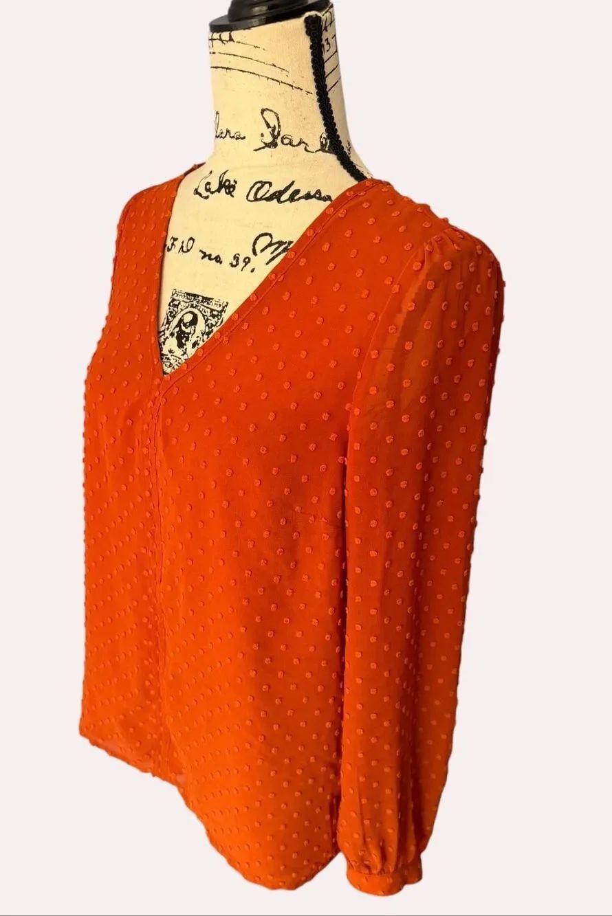 J.Crew Women's V-Neck Clip Dot Blouse Rust Orange Long Sleeve Top Size XS BU008 - Picture 6 of 9